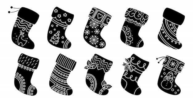 クリスマスソックスフラットシルエットセット。黒グリフ漫画休日の伝統的で華やかなストッキング。ギフト用のクリスマスソックス、装飾されたヒイラギ、パターン。新年デザインコレクション。図