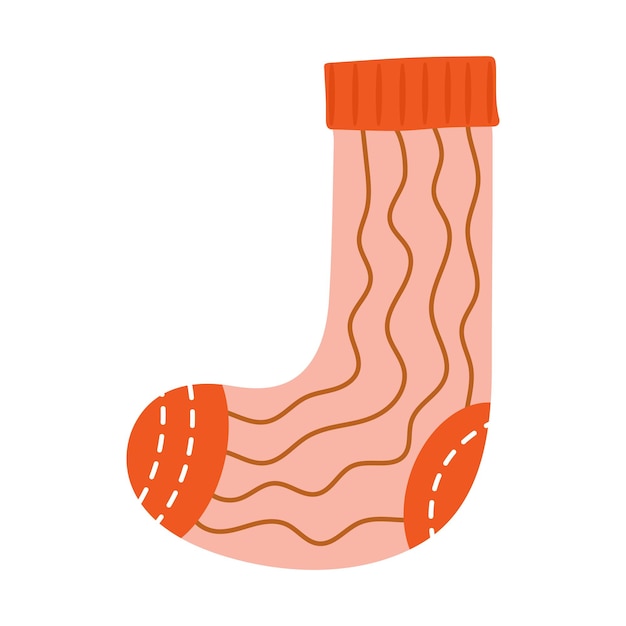 크리스마스 양말. 크리스마스 스타킹이나 눈송이가 있는 양말. 스트립이 있는 아동복. 손으로 그린 휘게 실내 장식을 위한 벡터 삽화. 겨울 휴가 유행 플랫.