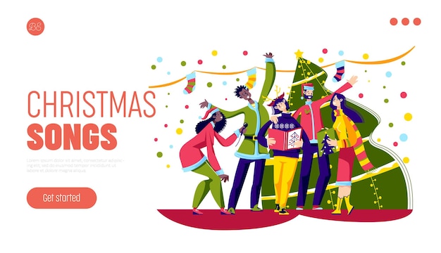 Vector christmas songs singing concept with happy diverse people group caroling over christmas tree