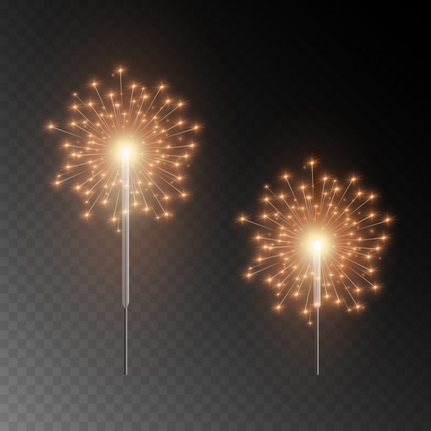 Sparkler di natale. bellissimo effetto di luce con stelle e scintille. fuochi d'artificio luminosi festivi. luci realistiche isolate su sfondo trasparente.