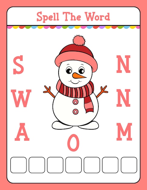 Gioco di ortografia natalizia per le parole. attività educativa per bambini con la parola pupazzo di neve
