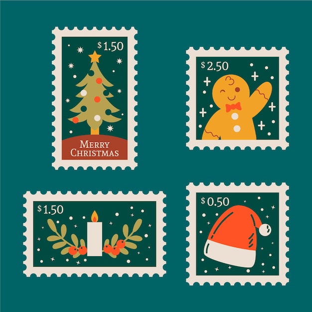 Vector christmas stamp collection in flat design