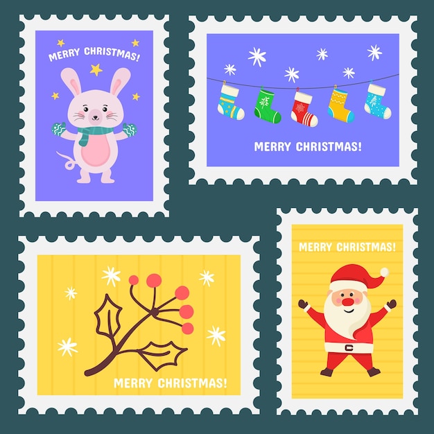 Christmas stamp holiday stickers in hand drawn design postage stamps set of christmas postmarks