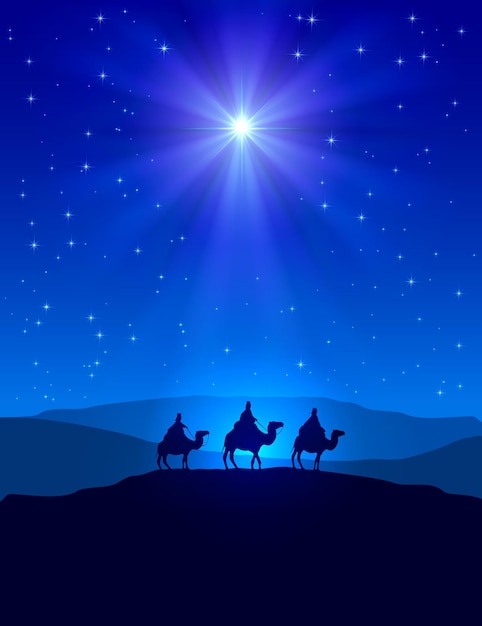 Vector christmas star on blue sky and three wise men