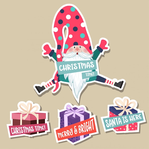 Vector christmas stickers collection with cute gnomes. flat design