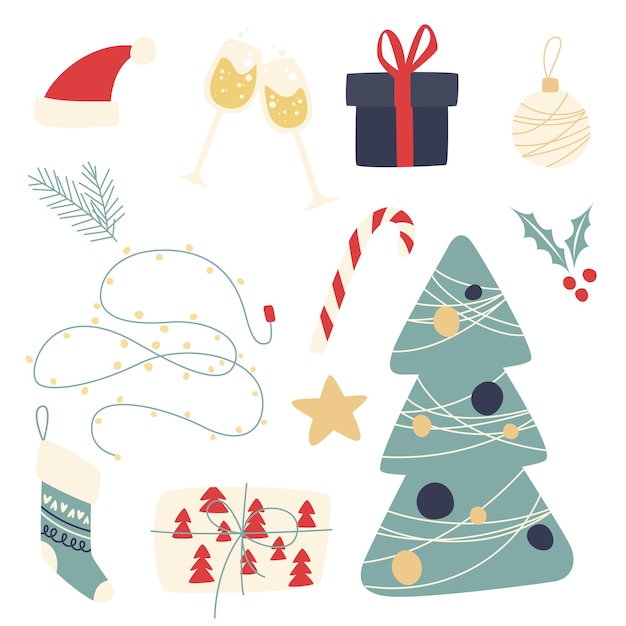 Set di adesivi natalizi. elementi invernali disegnati a mano - regalo, candela, pino, guanti, stella, calzino. illustrazione di natale per carta, poster, stickerpack, web, logo, scrapbooking, modelli, interni.