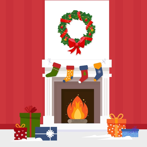 Christmas stocking on fireplace and gift boxes Christmas long sokcs for Santa Claus presents Christmas fireplace scene concept in flat design Merry Christmas and Happy New Year Winter holidays