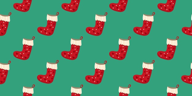 Christmas stocking for gifts on turquoise background seamless pattern simple flat cartoon design