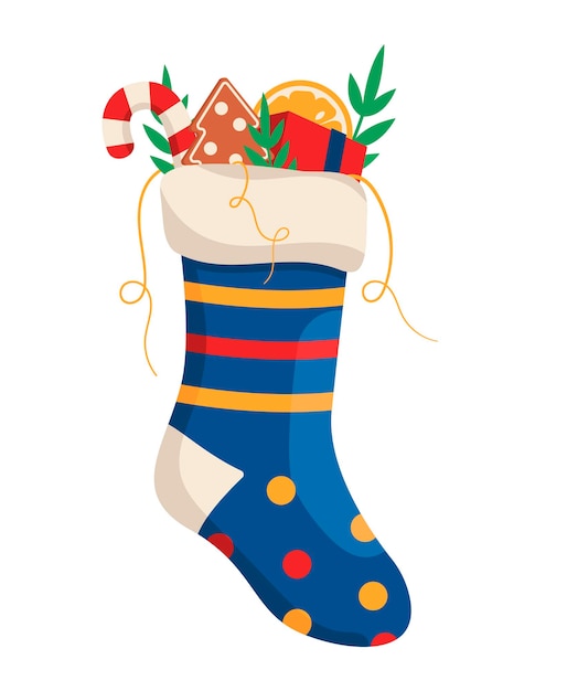 Vector christmas stocking with longawaited gifts gift sock vector graphic