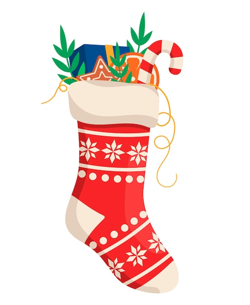 Vector christmas stocking with longawaited gifts gift socks vector graphic
