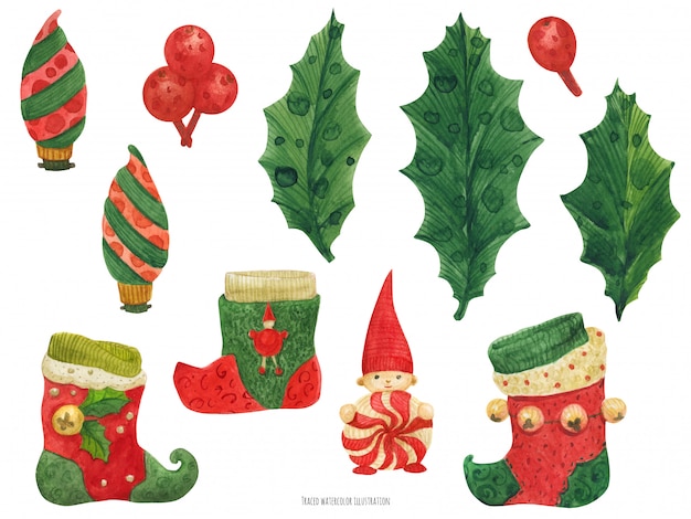 Christmas Stockings and Holly, watercolor