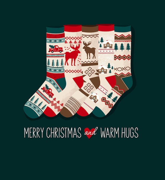 Christmas stockings set postcard on green background