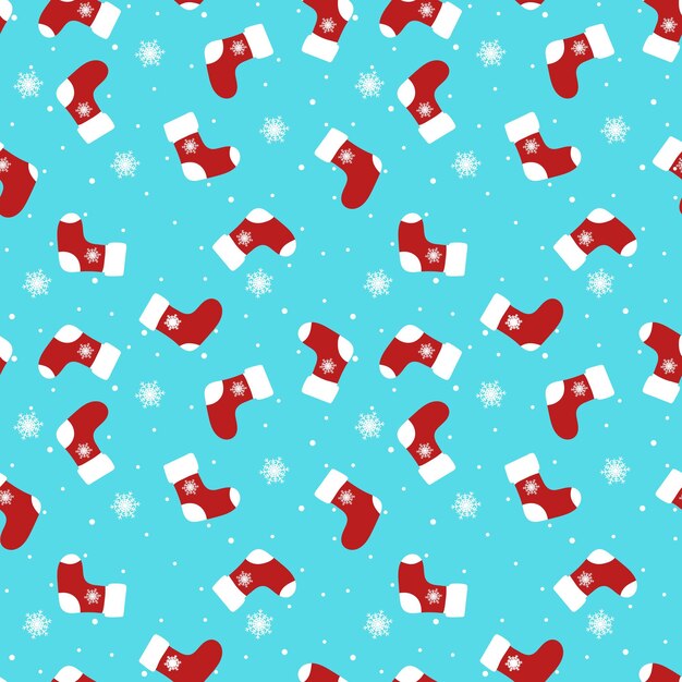 Christmas stockings and snowflakes on blue background seamless pattern