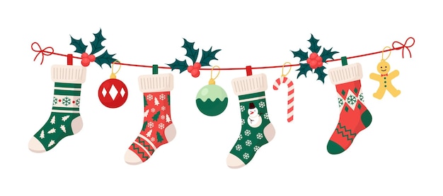 Vector christmas stockings with traditional holiday ornaments, decoration balls, gingerbread man. hanging children clothing elements with xmas patterns on rope. socks with snowflakes, snowman, christmas tree