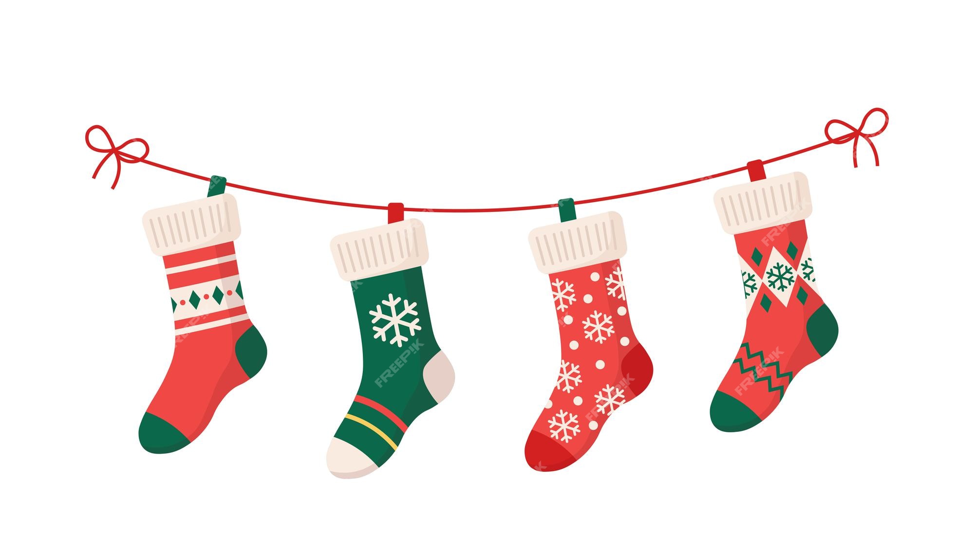 Three Christmas Stockings With Funny Drawings Stickers Cliparts For Xmas  Red Green Socks With Snowman Snowflakes Polar Bear In Hat Hanging Stockings  Isolated On White Background Vector Stock Illustration - Download Image