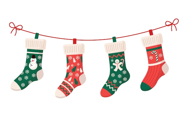 Christmas stockings with various traditional colorful holiday ornaments. Hanging children clothing elements with cute xmas patterns on rope. Red, green socks with snowflakes, snowman, christmas tree