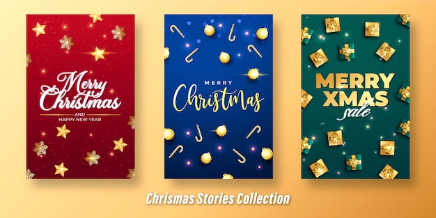 Christmas Stories Collection Background Set With Holly Ball Gift Box  Star Vector