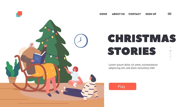 Christmas stories landing page template kids visit grandparent for xmas holiday happy grandma reading book to children