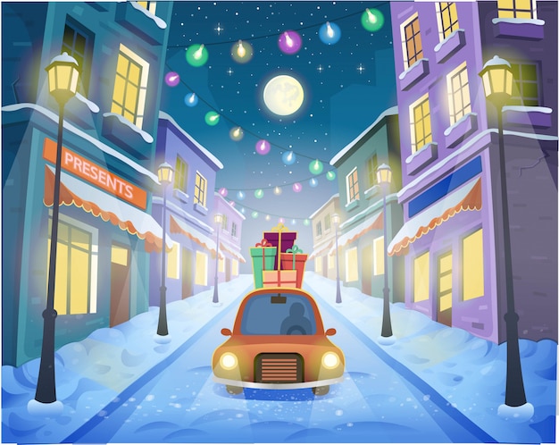 Vector christmas street of the city with lanterns and a garland with a car and  gifts. vector illustration in cartoon style.