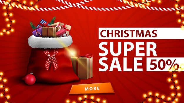 Christmas super sale, up to 50% off, red discount banner with Santa Claus bag with presents near the wall
