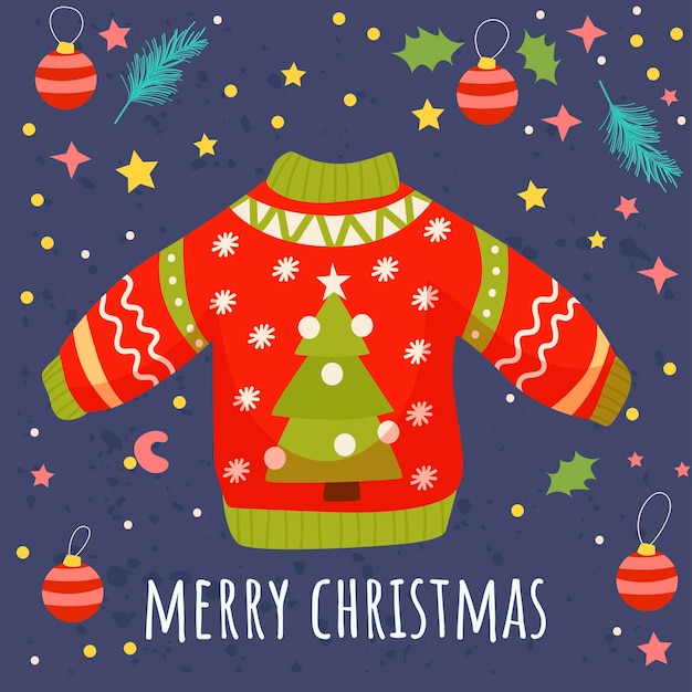 Vettore pullover di natale stile piatto carino cartolina di natale felice illustrazione vettoriale