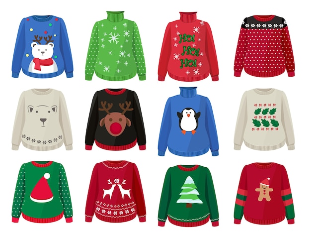 Вектор Рождественские свитера. забавная некрасивая одежда с рождественскими украшениями мультфильмов