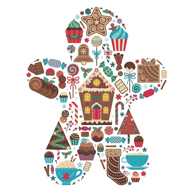 Vector christmas sweet print in gingerbread man shape