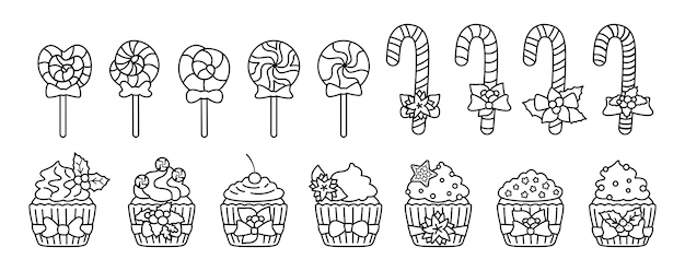 크리스마스 과자, 사탕, 컵 케 익 라인 세트. 맛있는 휴가 검은 선형 평면 만화 과자. 롤리팝 지팡이 카라멜, 설탕 케이크. 새해와 크리스마스 음식, 홀리 장식. 고립 된 그림