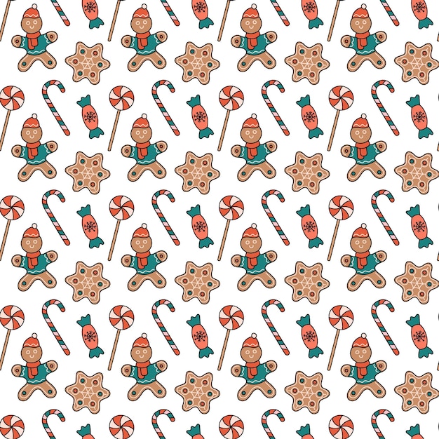 Christmas sweets doodle pattern Vector seamless background with outline hand drawn candies gingerbread ginger man Xmas desserts Doodle repeat colorful illustration