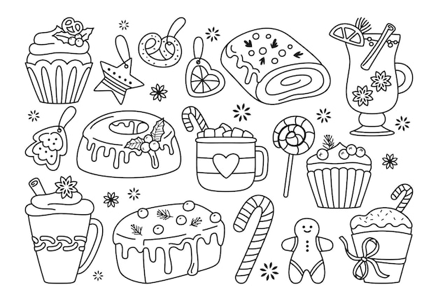 Christmas sweets treat doodle set New year gingerbread muffin lollipop noel