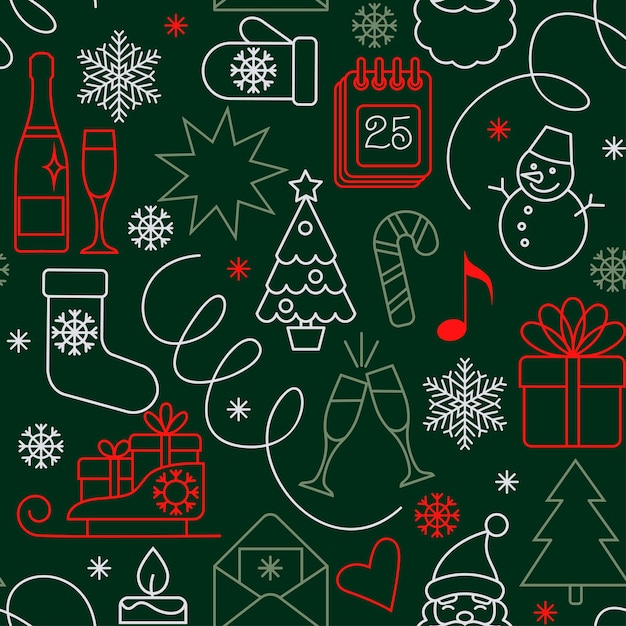 Christmas symbols form a seamless pattern on a green background