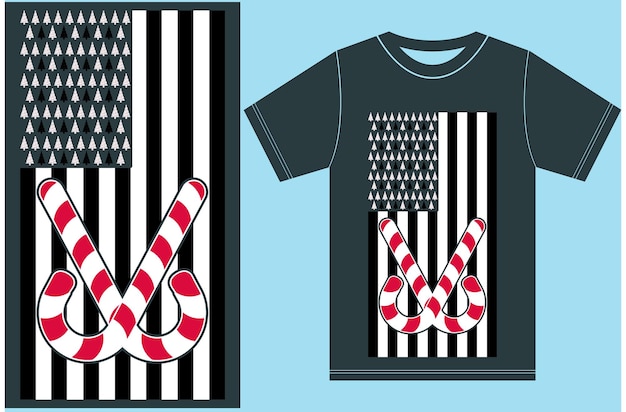 Вектор Рождественский дизайн футболки. рождественская футболка с флагом сша. рождественская рубашка с американским флагом.