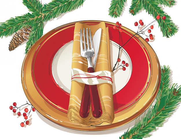 Christmas table decorating setting illustration