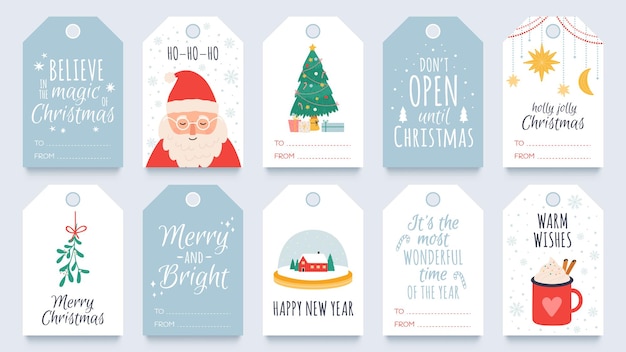 Vector christmas tag. merry winter holidays gift tags with greetings, santa, mistletoe and tree. happy new year and xmas present labels vector set. greeting tag decorative, tradition shopping label