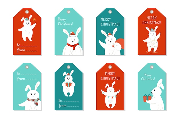 Christmas tag set, rabbit cartoon