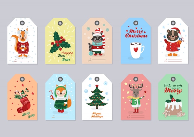 Christmas tags set with forest animals