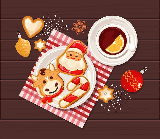 Tea party di natale con lecca-lecca di panpepato e anice stellato su uno sfondo di legno. sfondo di natale, poster di buon natale e felice anno nuovo, illustrazione vettoriale.