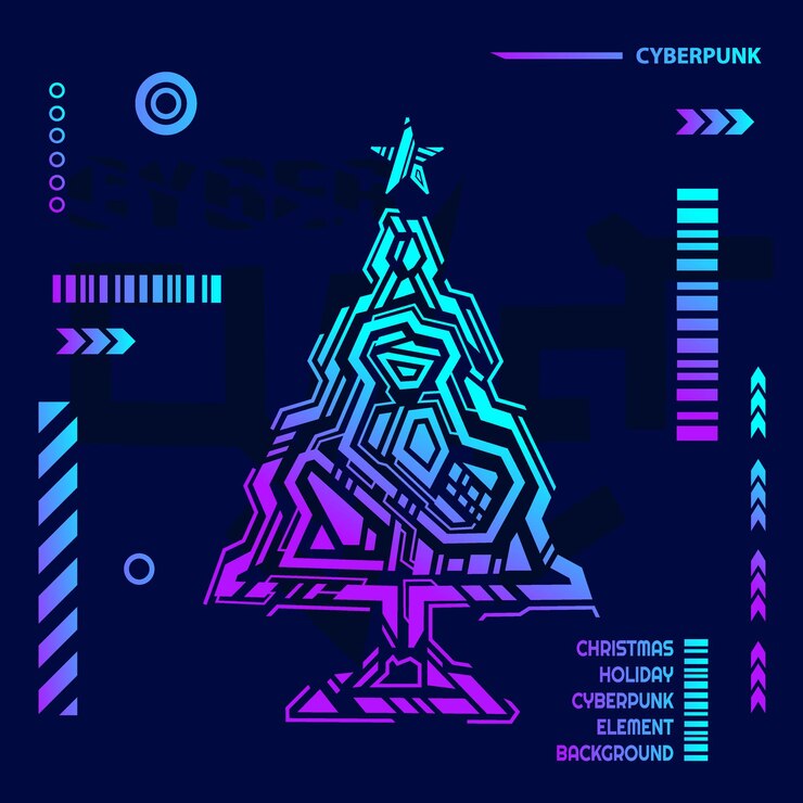 Vector christmas technology background in cyberpunk futuristic element shape.