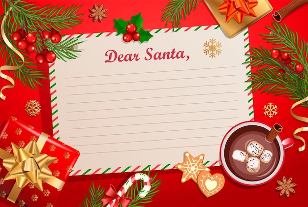 Christmas template for Letter to Santa Claus with traditional decorations-gift box with bow,candy cane,cocoa with marshmallows,spruce branch and gingerbread.Wish List for kids for the holidays.Vector.