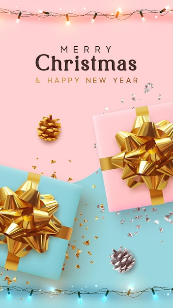 Modello natalizio per social network, storia. sfondo di natale con scatole regalo rosa e blu realistiche, ghirlanda luminosa festiva. banner di capodanno, poster, biglietto di auguri, brochure di volantini pubblicitari