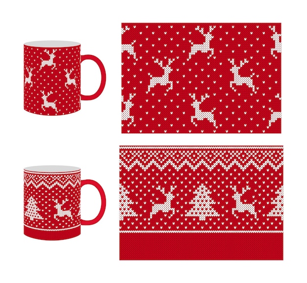 Christmas texture mockup with deers and fir trees knit seamless pattern templates set red festive fair isle print