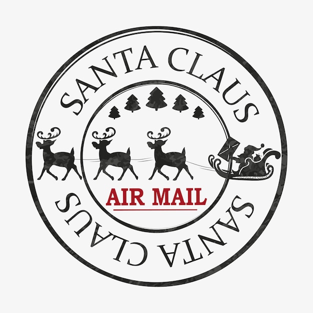 Vector christmas textured round print with santa claus on reindeer air mail