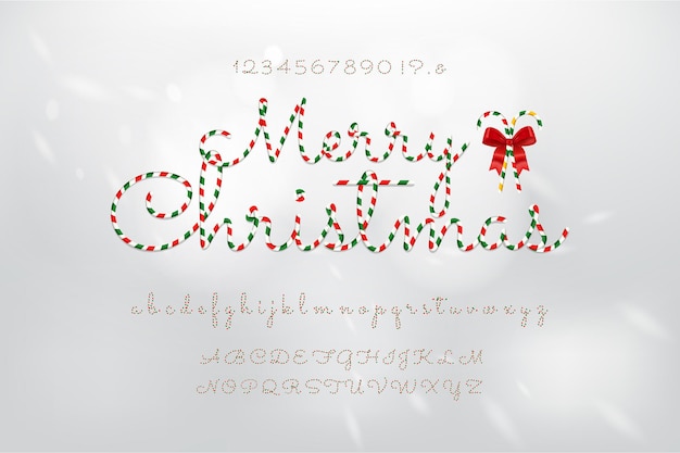 christmas theme canday cane pattern alphabet font set with numbers uppercase and lowercase on white gray background