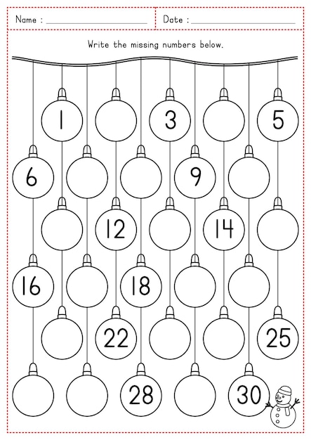 クリスマスのテーマ印刷可能な欠落した数字 1 ～ 30