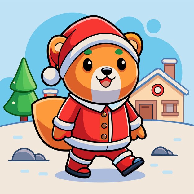 クリスマスのテーマ 熊とプレゼント 手描きのマスコット アニメキャラクター スティッカー アイコンコンセプト 孤立