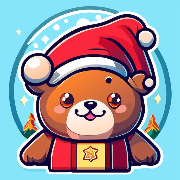 Рождественская тема с медведем и подарком, нарисованная вручную плоской стильной наклейкой мультфильма.