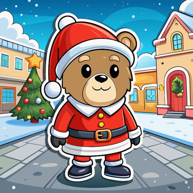 Tema natalizio con orso e regalo mascotte disegnata a mano personaggio di cartone animato adesivo icona concetto isolato