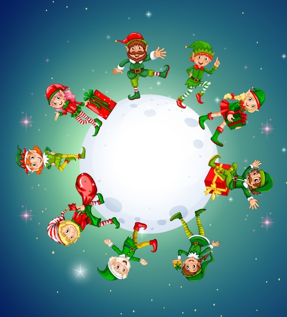 Christmas theme with elves around the moon