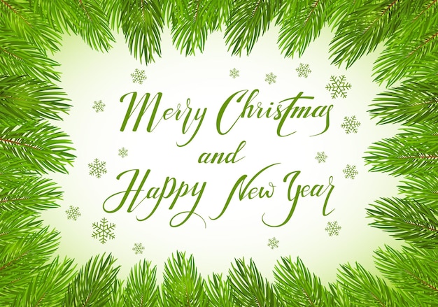Рождественская тема с праздничными украшениями на зеленом фоне, декоративные еловые ветки со снежинками и буквами с рождеством и новым годом, иллюстрация.