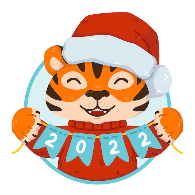 Christmas tiger character with party holiday flags 2022 lettering Chinese symbol of new year